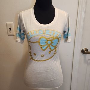 Hello Kitty 90s Y2K White Blue Gold Girl's Short Sleeve Small T-Shirt Top